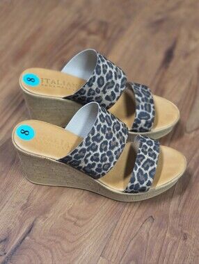 Italian Shoemakers Leopard-Print Double Strap Wedge Sandal - Tan/Black